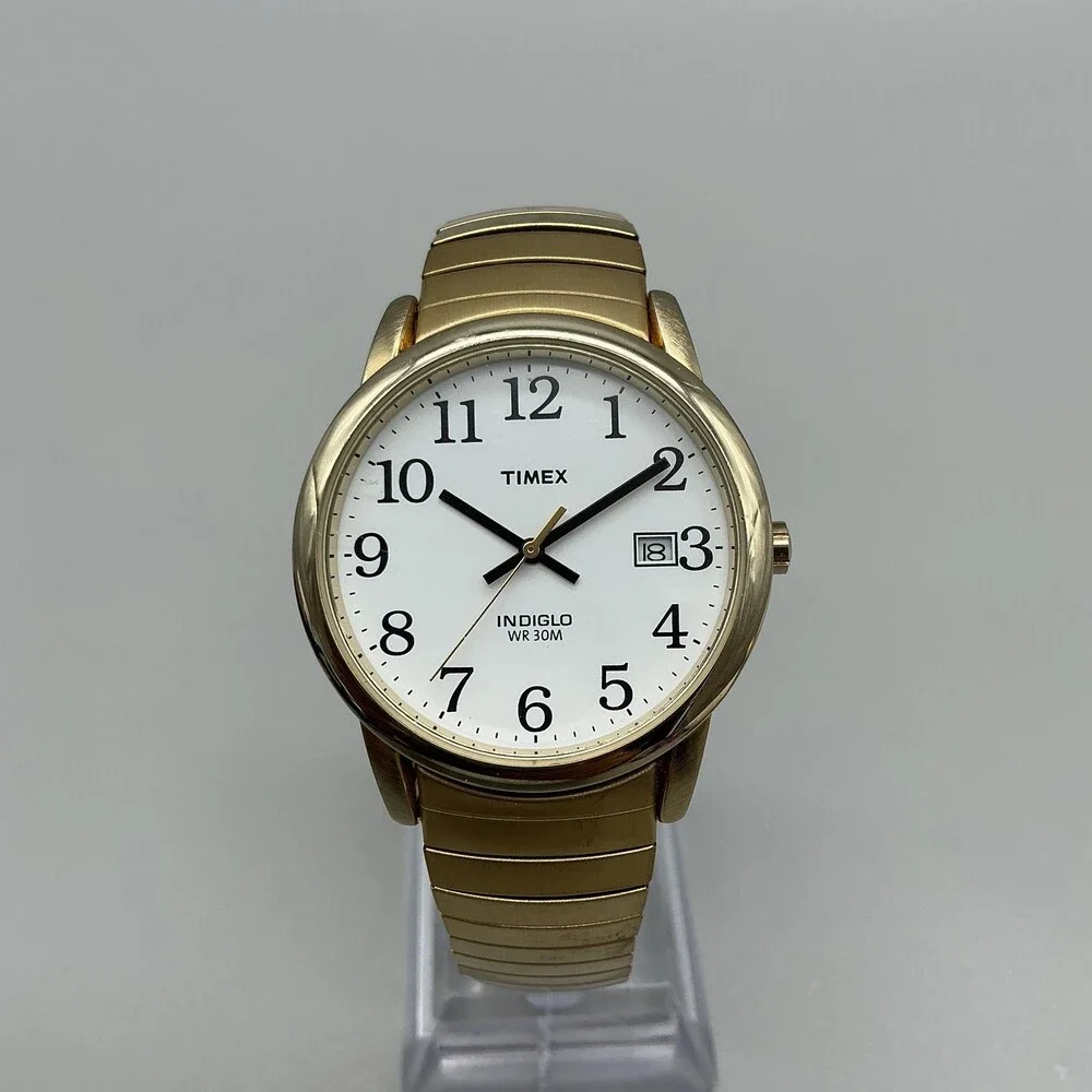 Timex Indiglo WR 30M Mens Watch 35mm Gold Tone Date Stretch New Battery